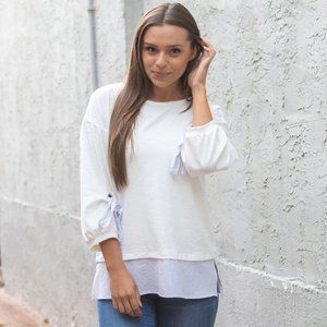 White Long Sleeve Tee with Blue Details